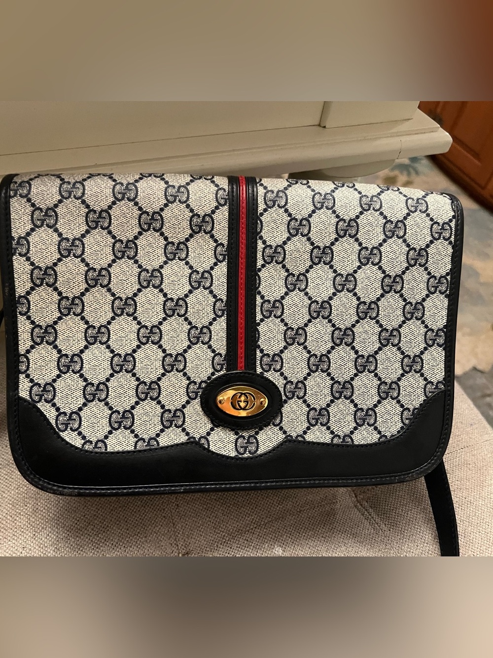 Gucci Navy canvas shoulder bag leather sherry line detail—vintage